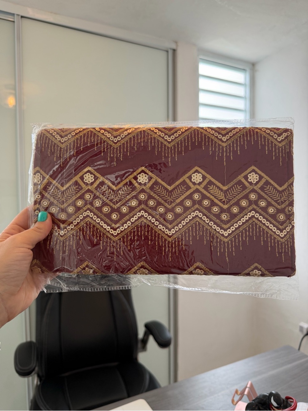 Embroidered Maroon Chevron Clutch with Gold Accents